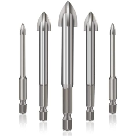 Effizientes Universal-Bohrwerkzeug, 5-teiliges Kreuz-Sechskant-Fliesenbohrer-Set, Betonbohrer-Set für Glas, Kunststoff, Fliesen (Silber)