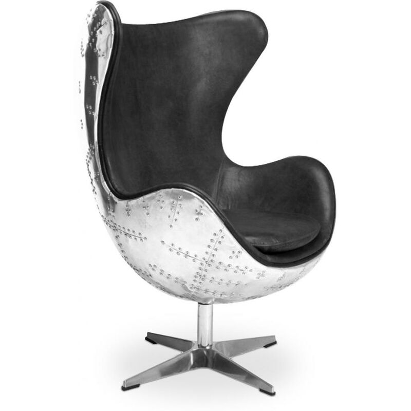 Design Armchair with Armrests - Egg Design - Leather and Metal - Cocoon Black