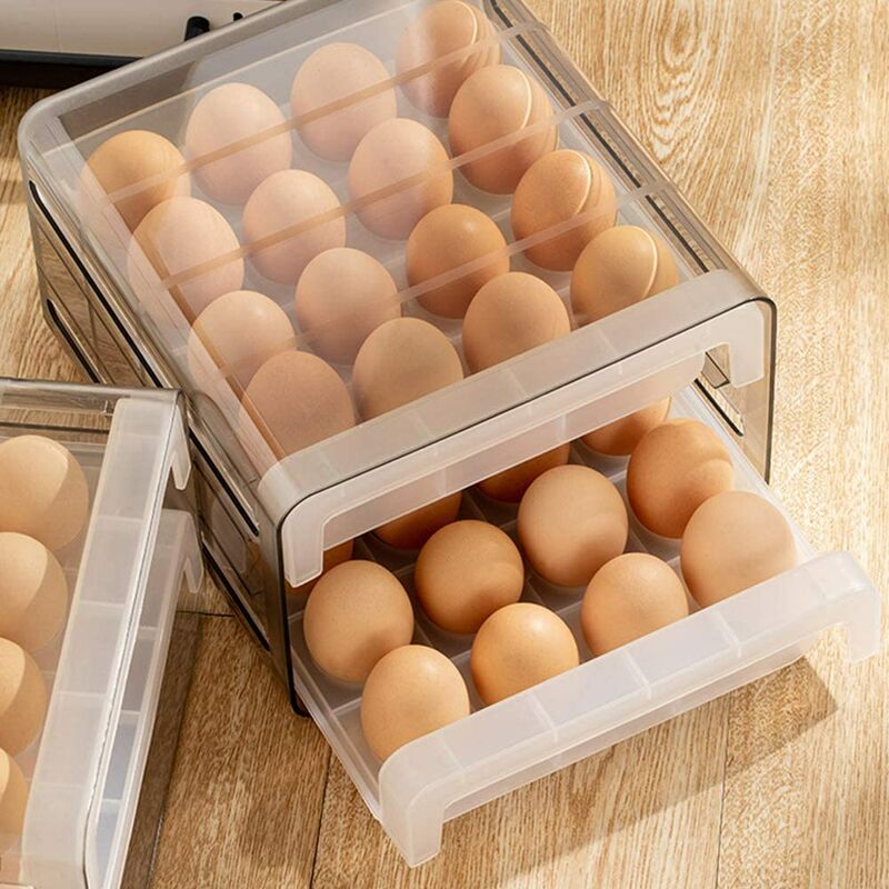 Egg Drawer for Refrigerator - Egg Storage Bin - Rectangular Storage Box - Double Drawer - Clear Plastic - 24 x 21.5 x 14 cm