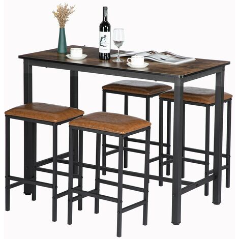 Eggree – Ensemble table et chaises 5 pièces – Table en bois naturel 120x60 cm – 4 chaises en cuir marron – Ambiance contemporaine