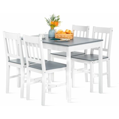 Eggree – Ensemble table et chaises en pin massif – 1 table 108x65x73cm et 4 chaises 41,5x45,5x86cm – Couleur gris et blanc – Design épuré