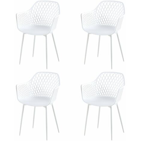 Eggree – Lot de 4 chaises scandinaves en plastique blanc – Coque enveloppante avec accoudoirs – Piétement métal laqué – Dimensions 52x56x84.5 cm