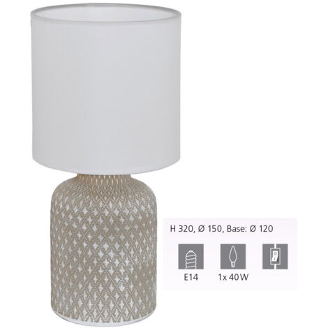 Eglo Bellariva Lampada da tavolo, lampada da comodino in ceramica color grigio, tessuto bianco, lampada da soggiorno, lampada con interruttore, attacco E14