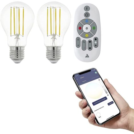 EGLO connect.z Smart Home-Set, 2x lampadine Led E27, A60, con telecomando, ZigBee, app e controllo vocale, dimmerabile, design vintage, 806 lumen e 6 W ciascuna, chiare in bianco neutro