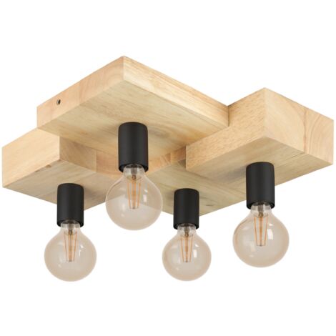EGLO Deckenleuchte Halkin, Deckenlampe 4-flammig, natürliche Deckenbeleuchtung, FSC100HB, Holz in Natur und Metall in Schwarz, Wohnzimmerlampe mit E27 Fassung