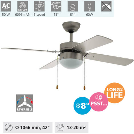EGLO Deckenventilator Gelsina, 4 Flügel Ventilator mit Zugkette, Beleuchtung und Sommer Winter Betrieb, Flügelmaterial MDF in Silber, AC Motor, Ø 106,6cm