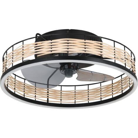 EGLO Deckenventilator mit LED Beleuchtung Frana, Ventilator Decke dimmbar mit Fernbedienung, Timer, 3 Geschwindigkeiten, Kunststoff in Schwarz und Rattan, AC Motor, warmweiß - kaltweiß, Ø 50 cm
