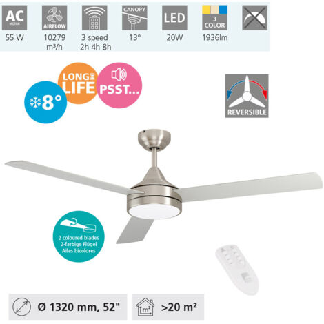 EGLO Deckenventilator SESIMBRA, 3 Flügel Ventilator mit Licht, nickel, Wendeflügel aus Holz Eiche oder silber, Fernbedienung, Sommer Winter Betrieb, warmweiß–kaltweiß, dimmbar, Ø132cm