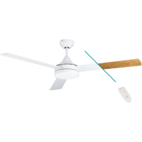 EGLO Deckenventilator SESIMBRA, 3 Flügel Ventilator mit Licht, weiß, Wendeflügel aus Schichtholz Eiche oder weiß, Fernbedienung, Sommer Winter Betrieb, warmweiß–kaltweiß, dimmbar, AC Motor, Ø 132cm