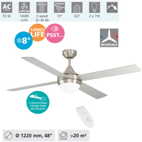 EGLO Deckenventilator VARADERO, 4 Flügel Ventilator mit Licht, Wendeflügel aus MDF in Silber oder Eiche, Gehäuse aus Stahl in Silber, Fernbedienung, Timer, Sommer Winter Betrieb, Ø 122cm