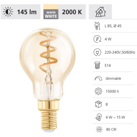 EGLO E14 LED dimmerabile, lampadina a spirale, illuminazione retrò a vintage color ambra, 4 Watt (equivalente a 15 Watt), 145 lumen, bianco caldo, 2000k, lampadina Edison P45, Ø 4,5 cm