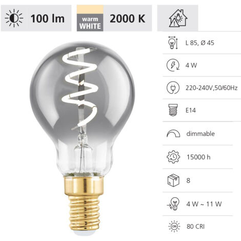 Eglo E14 LED dimmerabile, lampadina a spirale, vintage nero-trasparente in design retrò, 4 Watt, 100 lumen, luce bianco caldo, 2000k, lampadina Edison P45, Ø 4,5 cm
