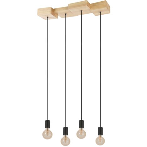 EGLO Hängelampe Halkin, Esstisch Pendelleuchte 4-flammig, Esszimmerlampe aus Holz in Natur und Metall in Schwarz, FSC100HB, Hängeleuchte mit E27 Fassung