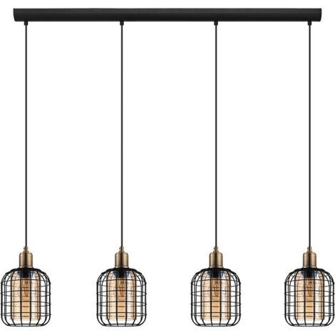 EGLO Lampada a sospensione Chisle, lampada a sospensione a quattro fiamme, metallo in nero e vetro vaporizzato in ambra, lampada da tavolo da pranzo, lampada da soggiorno con attacco E27