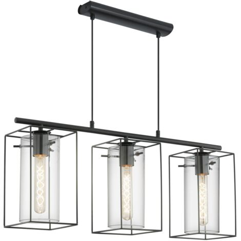 EGLO Lampada a sospensione Loncino, lampada a sospensione a tre punti luce vintage, lampada a sospensione in acciaio, nero, vetro fumé, E27, diametro 38 cm