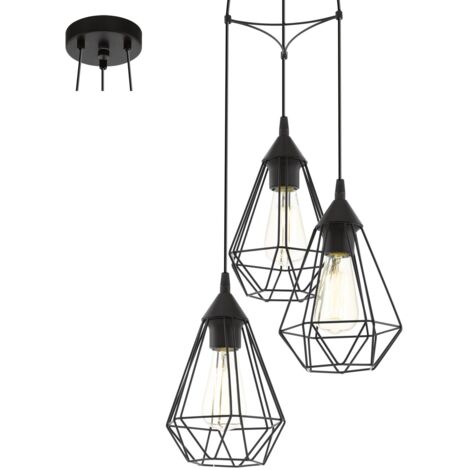 EGLO Lampada a sospensione Tarbes, lampada nero a tre punti luce in design vintage, retrò e industrial da sala da pranzo, con attacco E27, in acciaio, diametro 31 cm