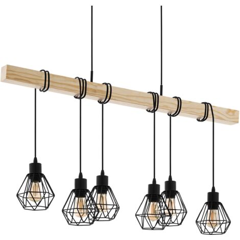 Eglo Lampada a sospensione Townshend 5, plafoniera vintage a 6 punti luce, lampada a sospensione dal design industriale, lampada appesa retrò in acciaio e legno, nero, marrone, E27
