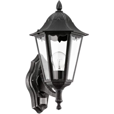 Eglo Lampada da parete da esterno Navedo, lampada da esterno, incluso sensore di movimento, in alluminio pressofuso e vetro, nero, patina argentata, E27, IP44