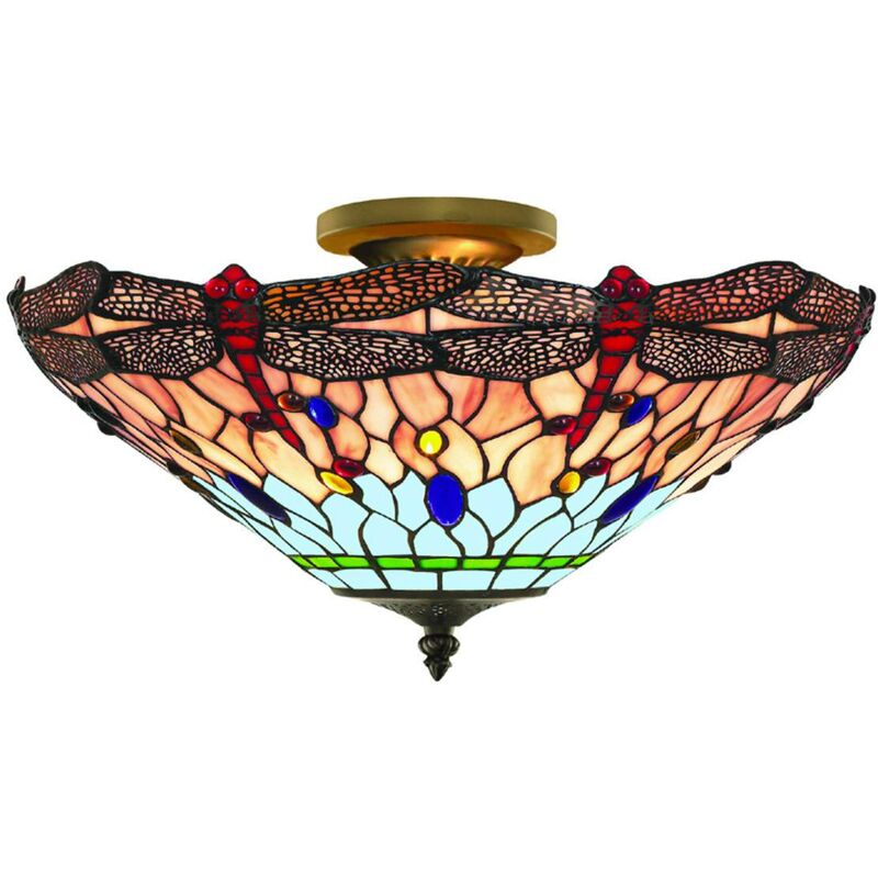 Image of Searchlight Dragonfly - Plafoniera a 3 luci semi-filo ottone antico, vetro Tiffany, rosso, blu, attacco E14