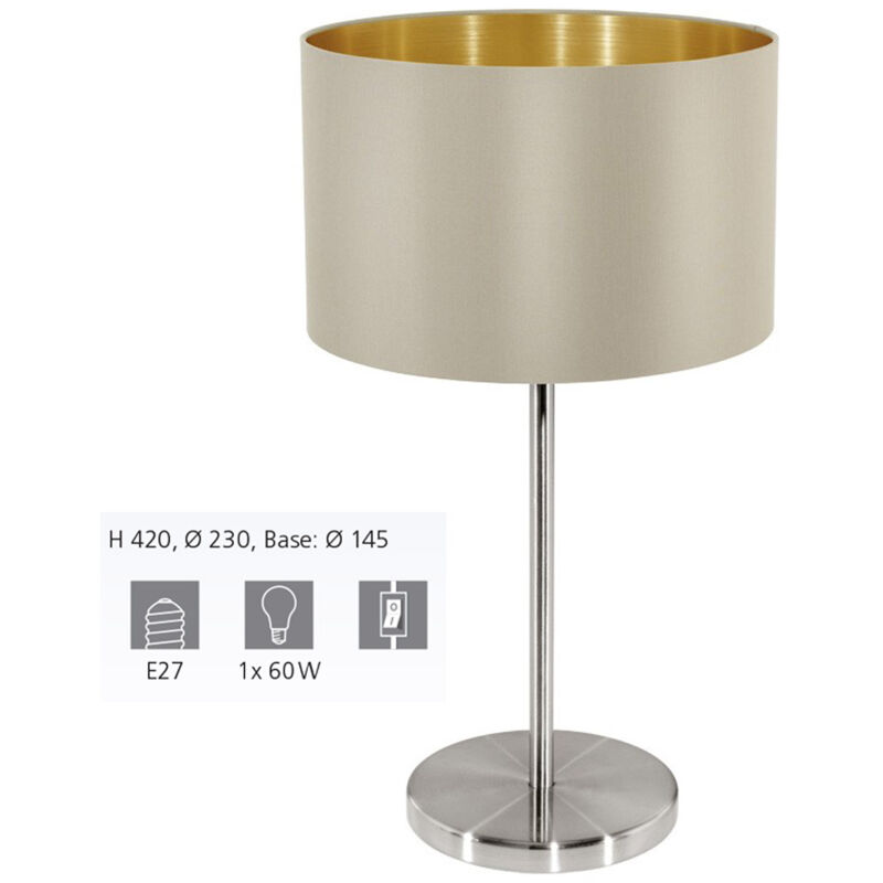 Image of lampada da tavolo tessile MASERLO nickel opaco / taupe, E27 max. 1X40W con interruttore cavo