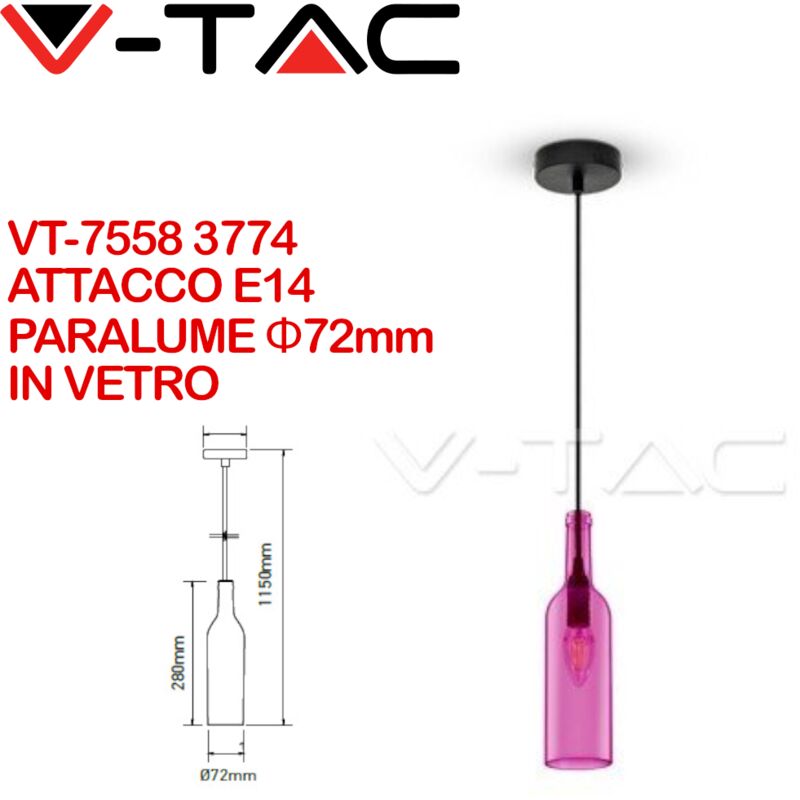 Image of VT-7558 Lampadario led forma bottiglia decorativo in vetro rosa-fucsia 1MT attacco E14 Ф72mm sku 3774 - Rosa - V-tac