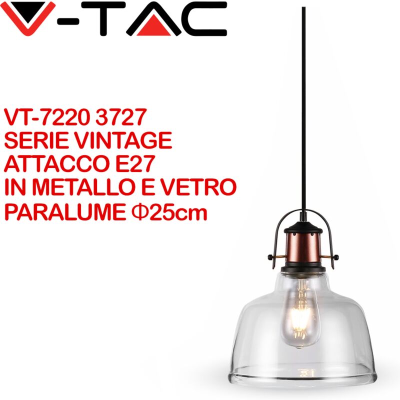 Image of V-TAC VT-7220-T 3727 Lampadario LED in Vetro e Metallo con Portalampada E27 (Max 60W) Colore Trasparente