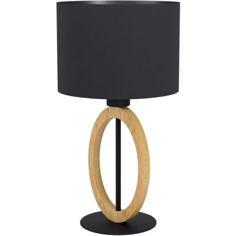 Eglo lampada da tavolo Basildon 1, lampada da tavolo minimalista, lampada da comodino in legno, tessuto, metallo, lampada da soggiorno in natura, nero, lampada con interruttore, E27