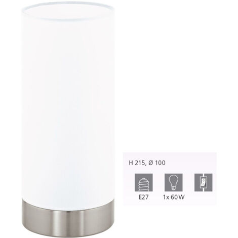 EGLO Lampada da tavolo Damasco 1, lampada da tavolo uno punto luce, lampada da comodino in acciaio, nichel opaco, satinato, bianco, E27, interruttore incl