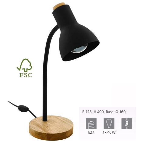 Eglo lampada da tavolo Veradal, illuminazione da tavolo a luce singola, luce da tavolo in metallo, materiale artificiale nero, legno marrone, con interruttore, presa E27