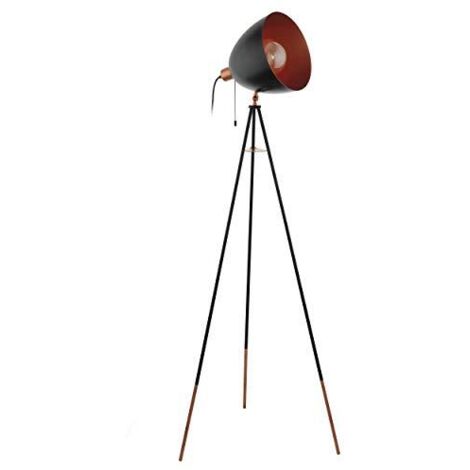 EGLO Lampada da terra treppiede Chester, Lampadario da terra vintage a 1 luce, Piantana in acciaio, colore: nero, rame, attacco: E27, interruttore a strappo incluso