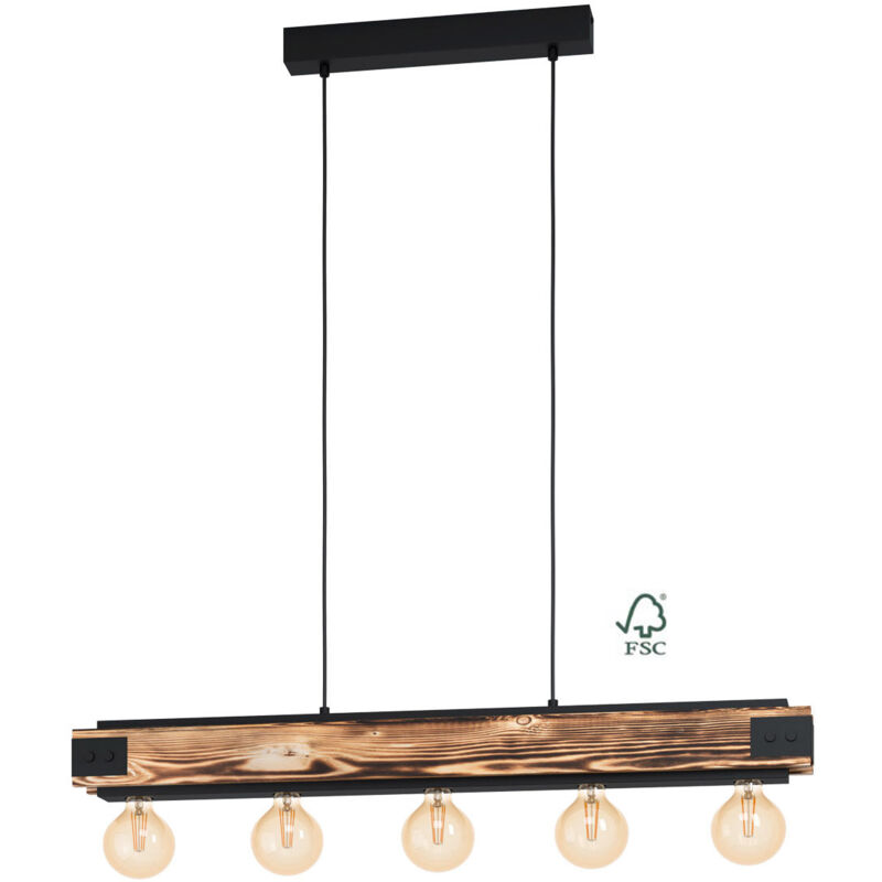 Eglo - Lampadario a Sospensione Vintage Layham Metallo Nero Legno 5 Luci E27