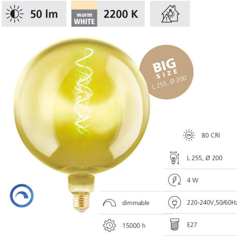 EGLO LED E27 dimmerabile, lampadina di grandi dimensioni con spirale, lampada vintage con dimmerazione color oro in design retrò, 4 W, 40 Lumen, bianco caldo, 1900k, G200, Ø 20 cm