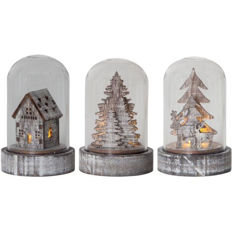 EGLO LED Weihnachtsdeko, 3er-Set Deko-Glasglocken, Winterlandschaft batteriebetrieben mit Licht, Tischdeko Weihnachten aus rustikalem Holz und Glas, warmweiß, 5,5 x 8,5 cm