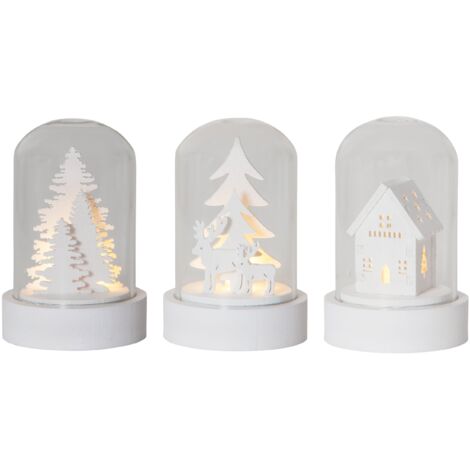 EGLO LED Weihnachtsdeko, 3er-Set Deko-Glasglocken, Winterlandschaft batteriebetrieben mit Licht, Tischdeko Weihnachten aus weißem Holz und Glas, warmweiß, 5,5 x 8,5 cm
