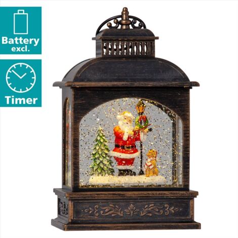 EGLO LED Weihnachtslaterne mit Schneegestöber, beleuchtete Vintage-Schneekugel mit Weihnachtsmann, Fensterdeko für Weihnachten mit Timer, Kunststoff in Bronze