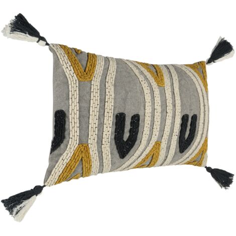 EGLO LIVING Kissen Chevery, Couch Zierkissen Industrial Vintage, Dekokissen handgefertigt aus Baumwolle und Polyester in Grau, Creme und Gelb, Kissenbezug mit Inlett, Sofakissen 60x35 cm