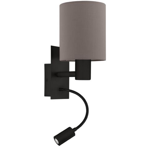 EGLO Pasteri, Lampada da parete LED per interni con lampada da lettura, faretto spot in metallo nero e tessuto in marrone e antracite, applique per soggiorno e camera da letto, attacco E27