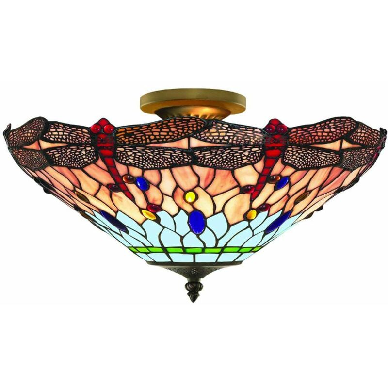 Dragon Fly ceiling lamp, in antique brass and tiffany glass