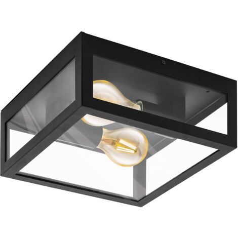 EGLO Plafoniera da esterno Alamonte 1, lampada da esterno due punti luce, plafoniera in acciaio zincato, nero, trasparente, E27, IP44