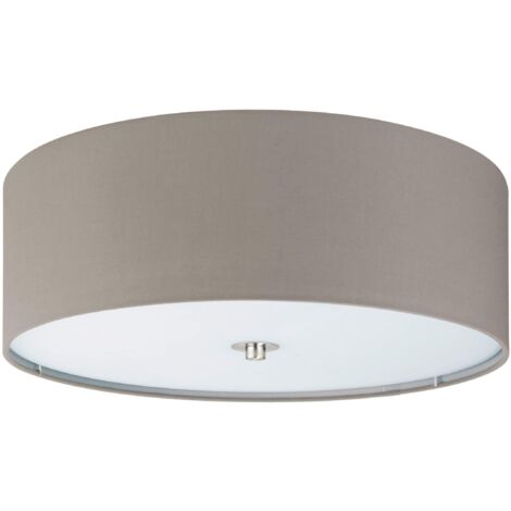 EGLO Plafoniera Pasteri, plafoniera tessile a tre punti luce, acciaio, tessuto, vetro, nichel opaco, color talpa, E27, diametro 47,5 cm