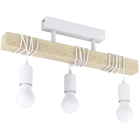 Eglo Plafoniera Townshend, plafoniera vintage a tre punti luce, plafoniera dal design industrial, lampada a sospensione retrò in acciaio e legno, bianco, marrone, E27
