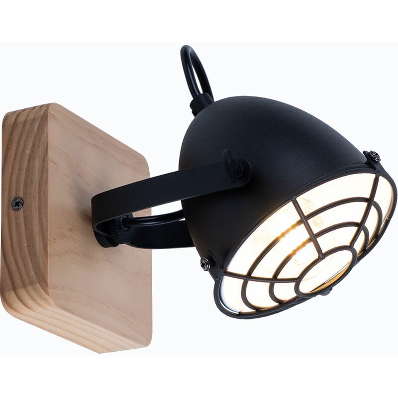 Applique salon applique murale salle à manger lampe industrielle, métal noir bois aspect grille naturelle, spot mobile E14, H 20,5 cm