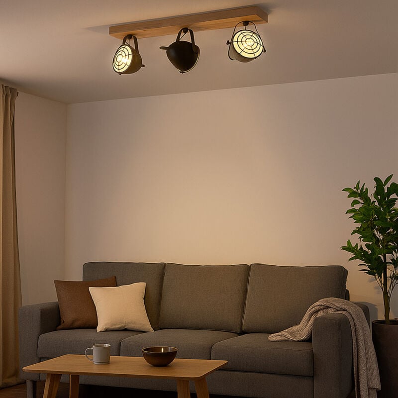 Plafonnier, noir, lampe de salon, spot de plafond maison de campagne, 3 flammes, lampe en bois, barre de spot pivotante, métal mat, 3x E14, LxlxH