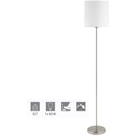 EGLO Stehlampe Pasteri, 1 flammige Textil Stehleuchte, Standleuchte aus Stahl und Stoff, Farbe: Nickel matt, weiß, Fassung: E27, inkl. Fußschalter