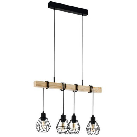 EGLO - TOWNSHEND 5 LAMPADA A SOSPENSIONE TRAVE IN LEGNO CON 4 PARALUMI PENDENTI NERI E27 4X60W 43132