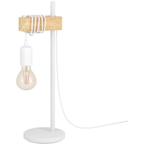 Eglo Townshend lampada da tavolo vintage, design industriale, lampada retrò, lampada da comodino in acciaio e legno, colore bianco, marrone, presa E27, interruttore incluso