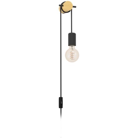 EGLO Wandlampe innen Buddon, Wandleuchte Vintage Natur, Wandbeleuchtung mit Stecker und Schalter, helles Holz und schwarzes Metall, FSC zertifiziert, E27 Fassung
