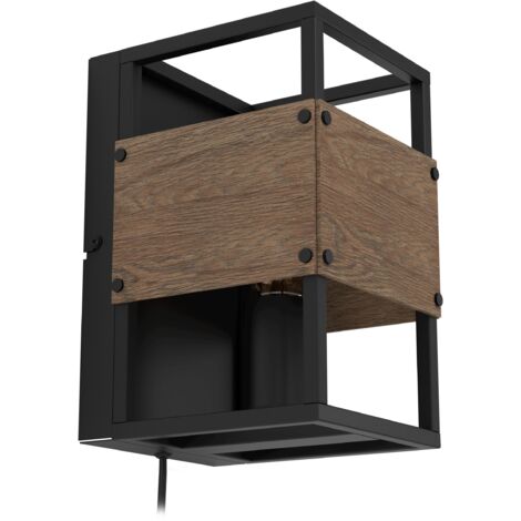 EGLO Wandleuchte innen Evesham, Wandlampe mit Stecker, Wandbeleuchtung aus Metall in Schwarz und Holz in Dunkelbraun, Wand Lampe für Flur und Wohnzimmer, E27 Fassung