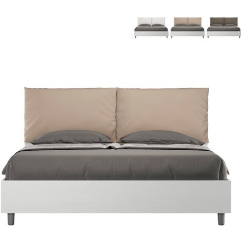 Egos Antea 160x190 Doppelbett aus weißer Esche mit taubengrauen Kunstlederkissen
