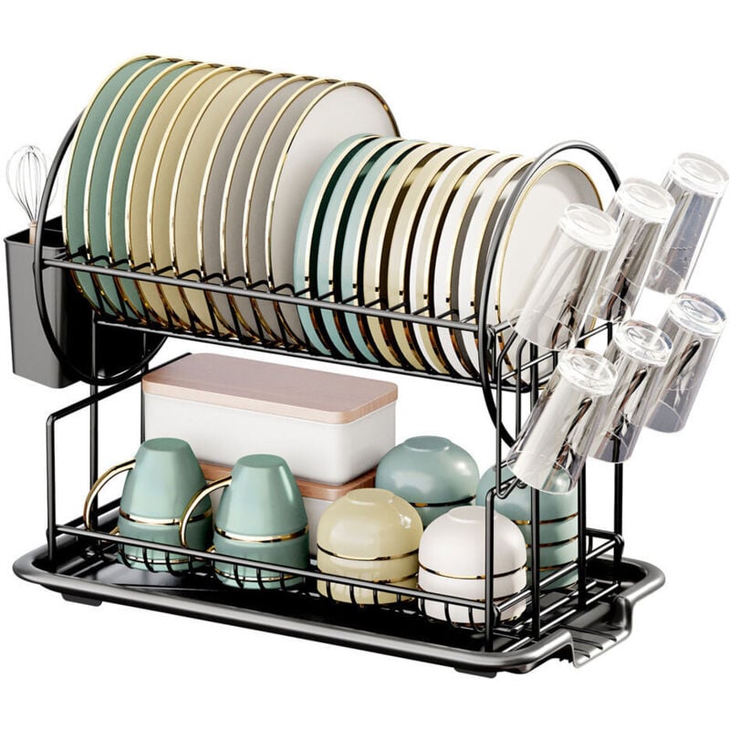 Sinbinta - Egoutoire Vaisselle Cuisine 2 Niveaux, Égouttoir Vaisselle en Acier Inoxydable avec Porte-Gobelets et Porte-Ustensiles, Grande Noir